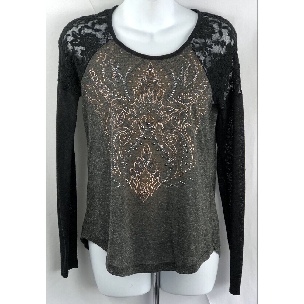 Vintage Miss Me Jersey Top S Blk/Gray Lace Cut Out Beaded Y2K Steampunk Grunge